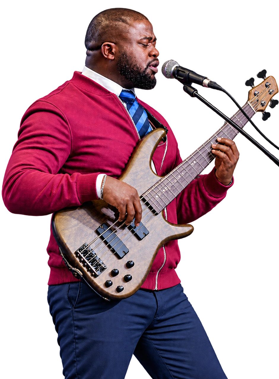 Soji Akinleye singing and playing his bass guitar, using the approved cutout.
